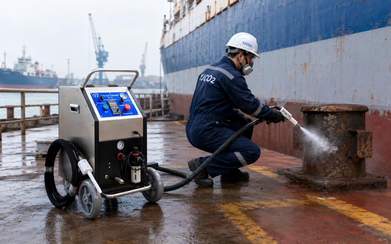 Dry ice blasting for ship deck equipment and localized marine maintenance Dry ice blasting for ship deck equipment and localized marine maintenance